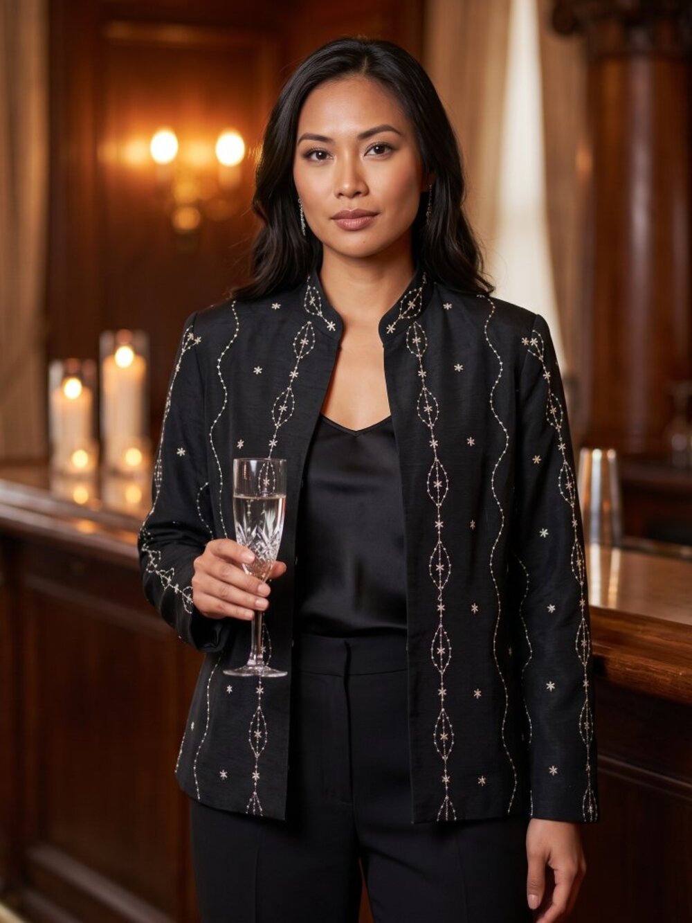 Birch Hill Silk-Blend Embellished Open-Front Mandarin Jacket L